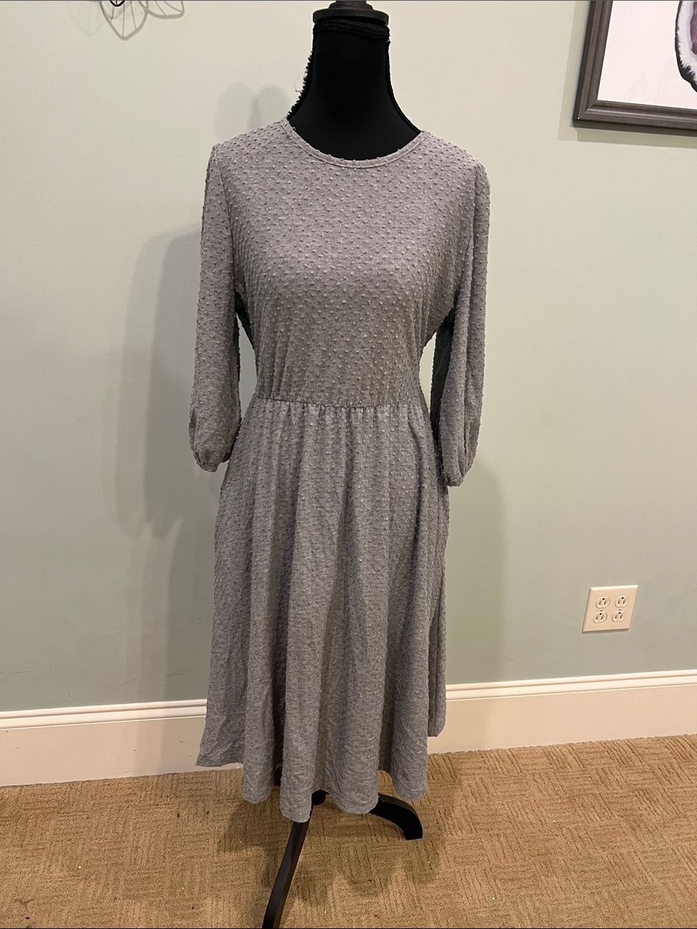 Heather Gray Textured Midi Dress with Long Sleeves